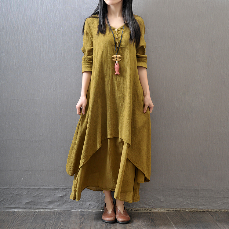Indian Summer Vintage Clothing - Robe Maxi à Manches sulfpour Femme,